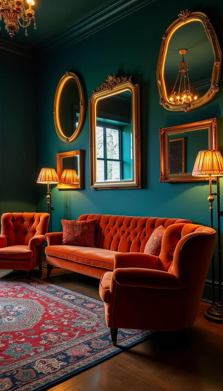 Moody nighttime living room with deep teal walls, illuminated vintage mirrors, burnt orange velvet sofa, art deco chairs, and a jewel-toned Persian rug under ambient lighting.
