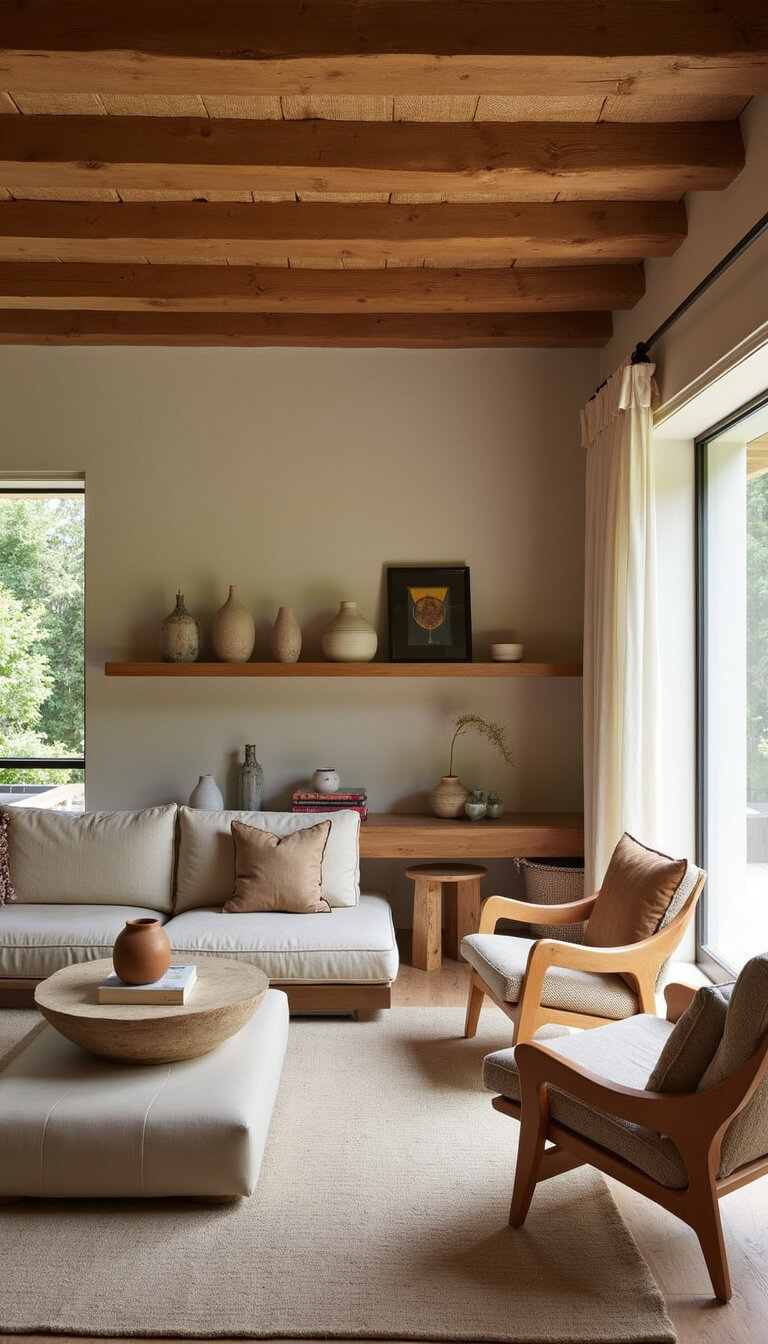 Organic 18x20ft living room with raw beam ceiling, grasscloth walls, low-profile natural linen and leather furniture, handwoven textiles, and ceramic collections on floating shelves in soft morning light.