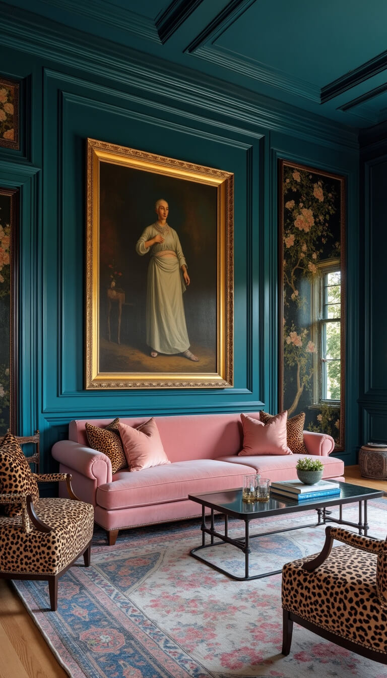 Maximalist living room with peacock blue walls, blush pink velvet sofa, leopard print chairs, and chinoiserie screens during blue hour lighting.