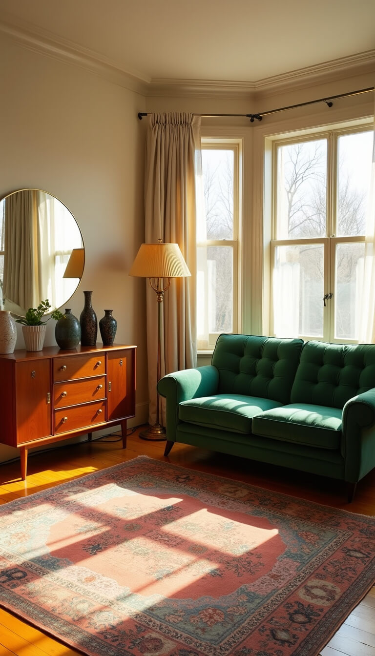 Sunlit living room with emerald green velvet sofa, Persian rug, vintage ceramics on teak sideboard, and large windows with sheer curtains at golden hour.