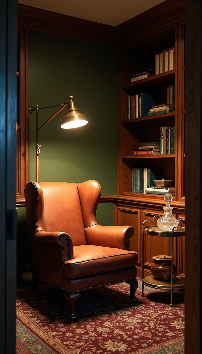 Cozy study corner at dusk featuring a worn cognac leather wingback chair, sage green walls, dark walnut trim, vintage brass lamp, oriental rug, and crystal decanter on a brass bar cart.