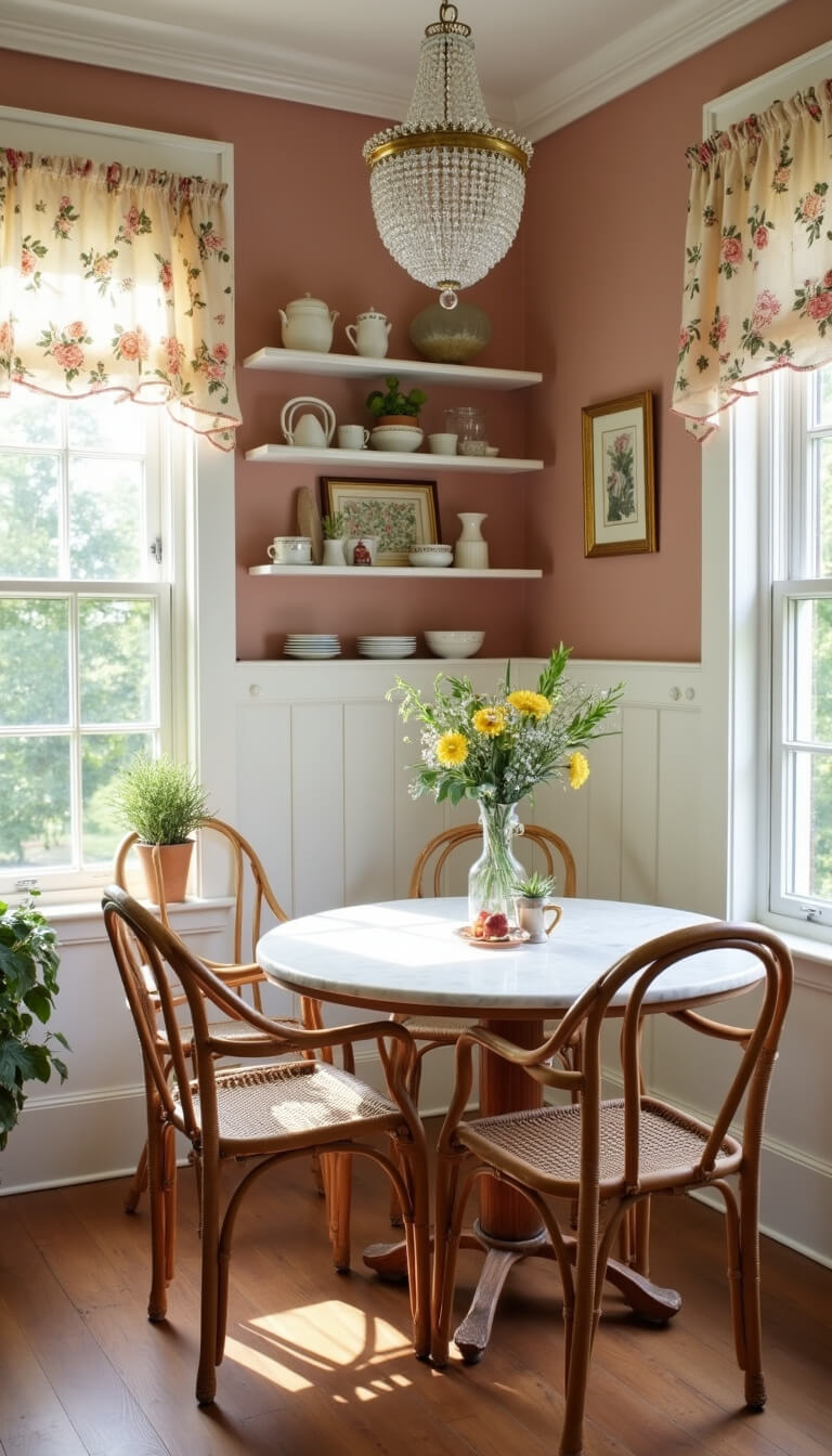 Bright breakfast nook with marble table, rattan chairs, dusty rose walls, white wainscoting, and sunlight streaming through bay windows onto milk glass display and vintage botanical prints.