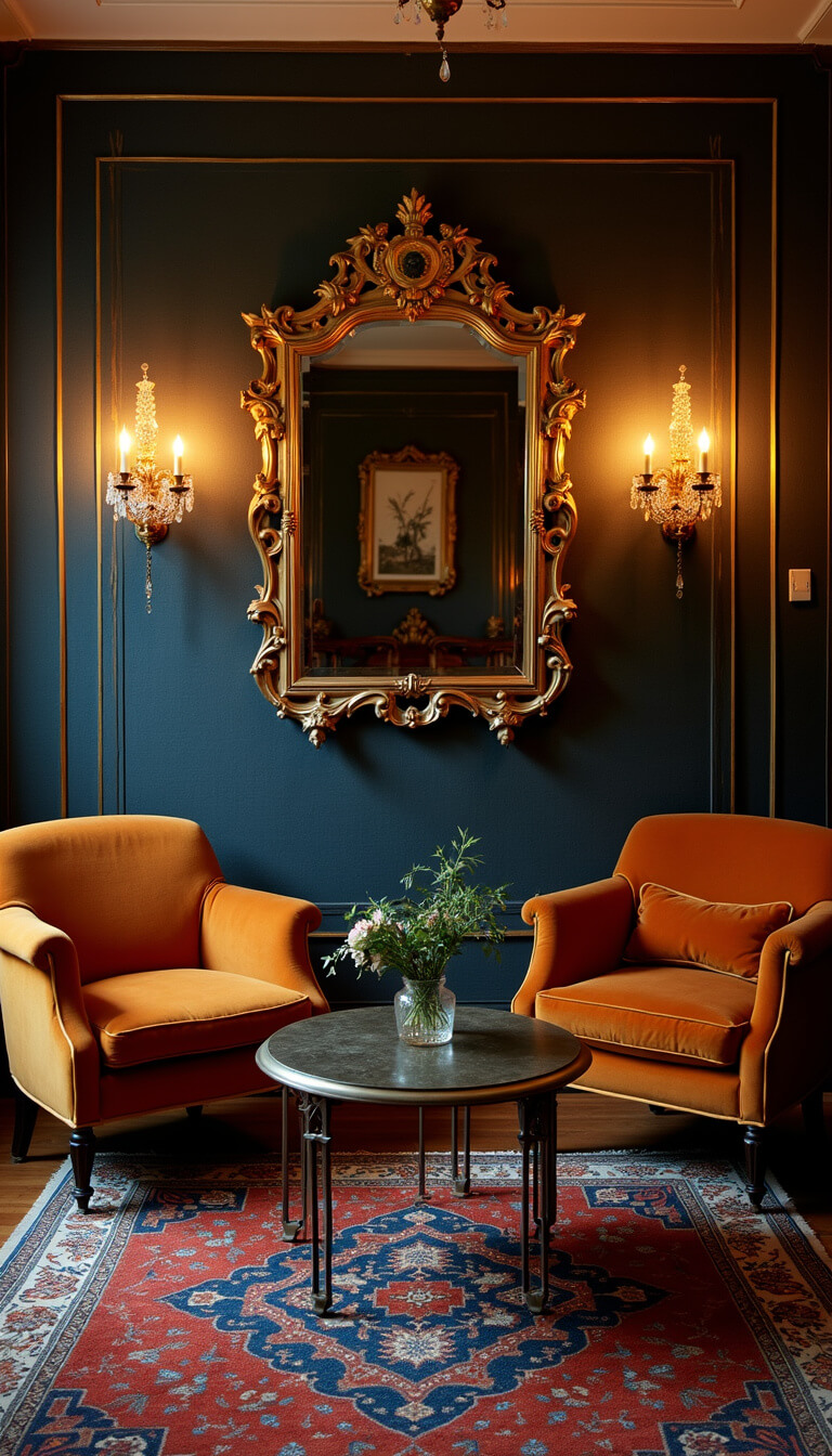 Cozy 14x16ft sitting room at twilight with ochre velvet armchairs, antique brass coffee table, navy grasscloth walls, crystal sconces, layered Kilim rugs, and antique mirrors reflecting candlelight.