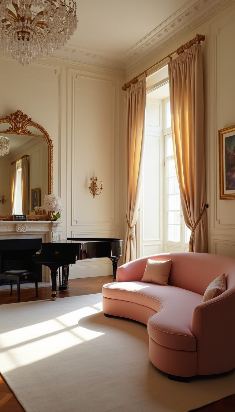 Elegant formal living room with blush pink Art Deco sofa, grand piano, marble fireplace, and crystal chandelier in late afternoon light.