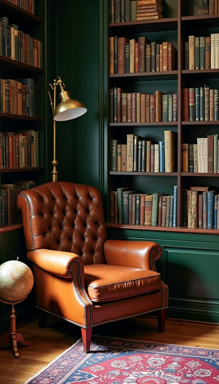 Close-up of vintage brown leather Chesterfield chair in cozy reading nook with dark oak bookshelves, emerald green accent wall, and soft morning light.
