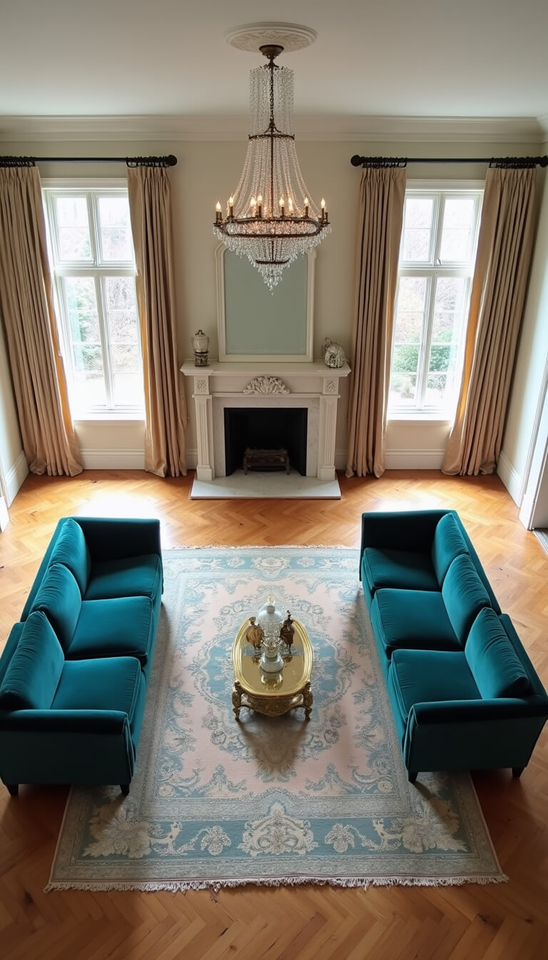 Bird's eye view of a spacious 20x24ft living room with two teal velvet sofas facing a marble fireplace, herringbone wood floors, layered vintage rugs, a brass and glass coffee table, floor-to-ceiling windows with silk drapes, and a crystal chandelier in bright natural light.