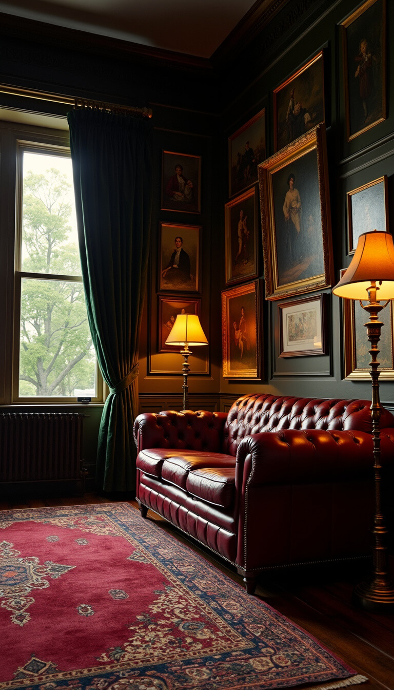 Moody den at sunset with burgundy leather Chesterfield sofa, dark paneled walls, Persian rug, antique oil paintings, and brass floor lamps in dramatic side lighting.
