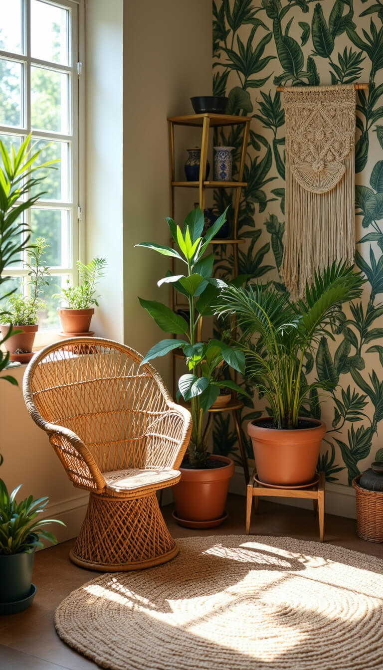 Bohemian corner room with rattan peacock chair, jungle-print wallpaper, jute rugs on terrazzo floor, brass étagère with vintage ceramics, macramé wall hanging, and potted palms in natural light.