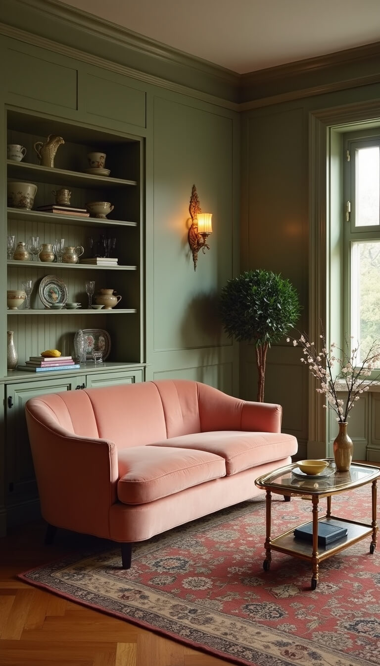 Elegant vintage drawing room at dusk with salmon pink velvet sofa, sage green walls, oriental rug, Art Deco bar cart, vintage china cabinet, and warm crystal wall sconces.