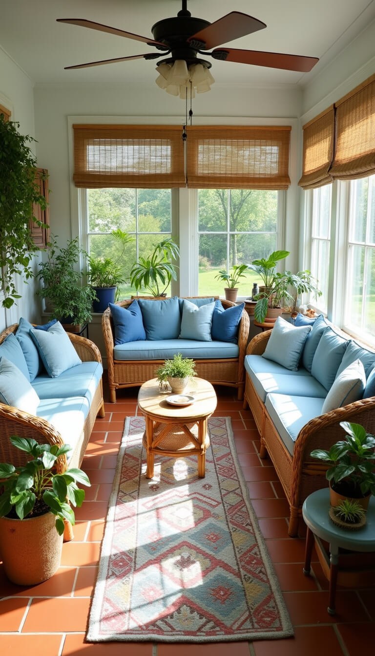 Bright sunroom with wicker furniture, blue cushions, terracotta tiles, kilim rugs, hanging plants, chinoiserie, and bamboo blinds.