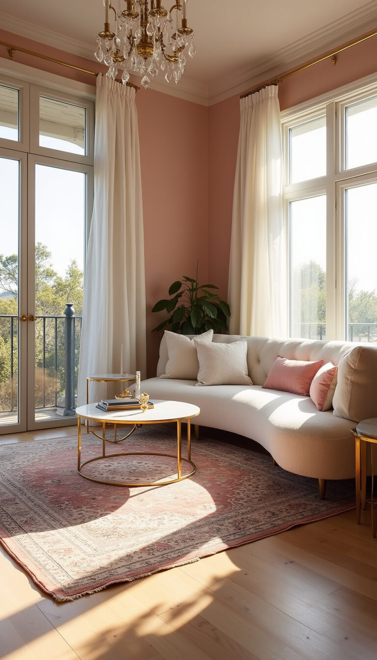 Sunlit contemporary living room with blush pink walls, cream bouclé sofa, layered Persian rugs, crystal chandelier, and floor-to-ceiling windows framed by billowing white linen curtains.
