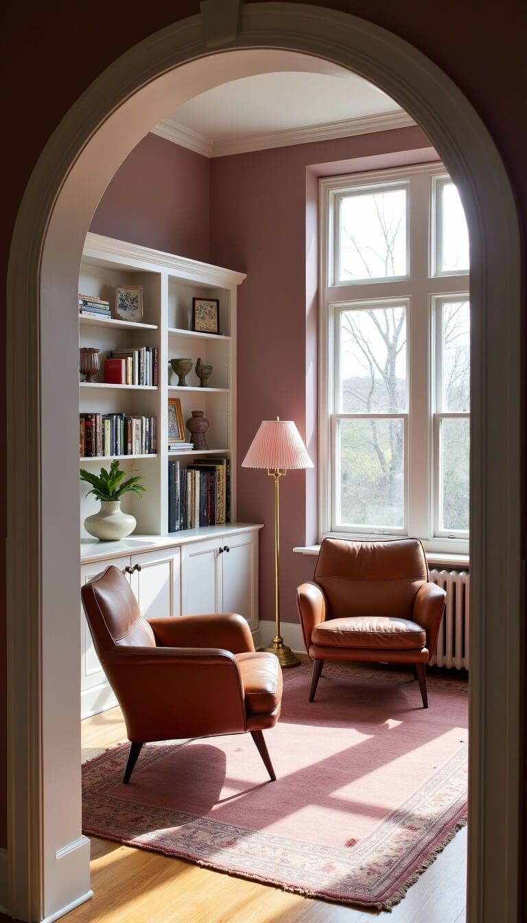 Intimate mauve-toned living space with mid-century leather armchairs, vintage Persian rug, brass lamp, and sunlit arch details.