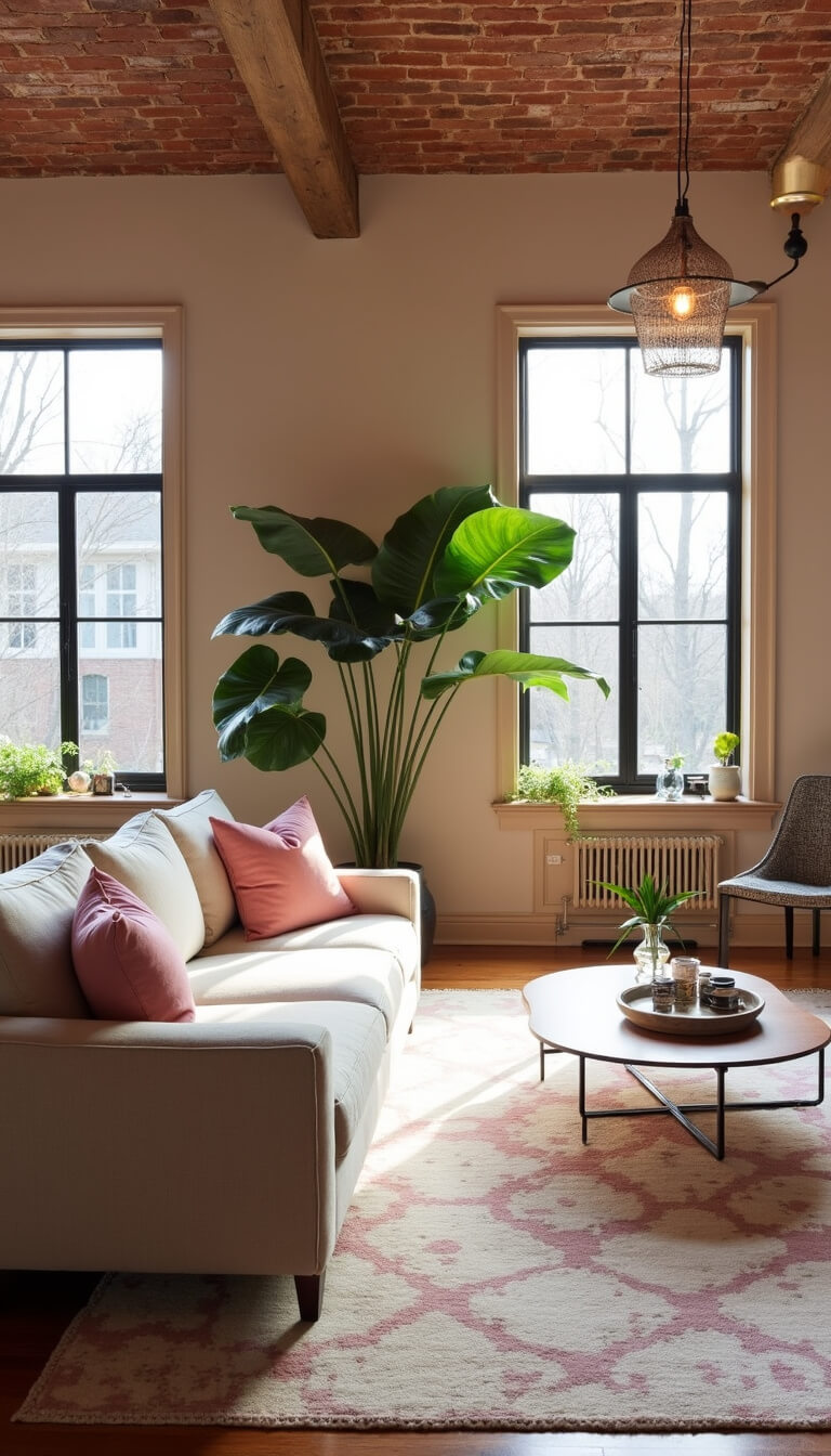 Open-concept 25x30ft living area with soft peach exposed brick, greige sectional with pink velvet pillows, cream and blush Moroccan rug, fiddle leaf figs, black steel windows, and ambient pendant lighting in late afternoon light.