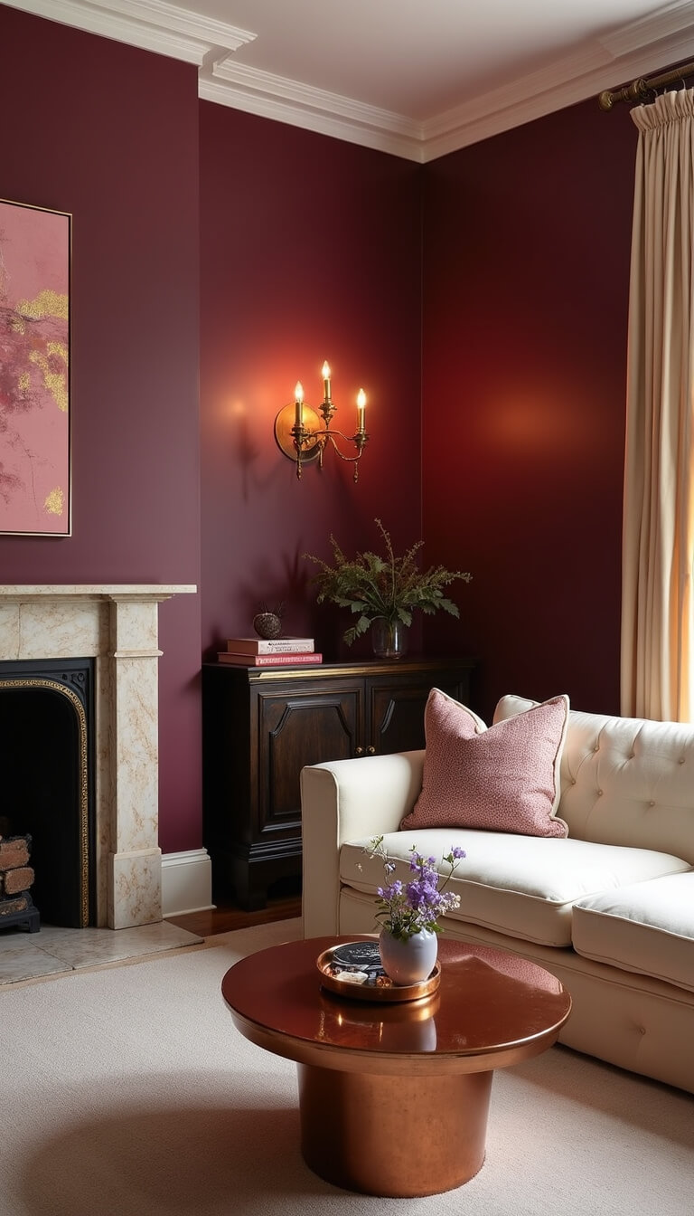 Cozy 16x20ft living room with raspberry accent wall, vintage brass sconces, cream velvet sofa, marble fireplace, abstract pink and gold art, copper and glass coffee table, champagne silk drapes, and moody dusk lighting.