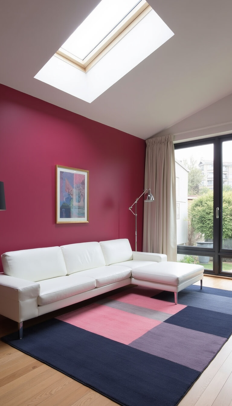 Modern 22x26ft living room with fuchsia color-blocked walls, white Italian leather sectional, geometric navy and pink rug, skylight daylight, and chrome and glass minimalist accents.