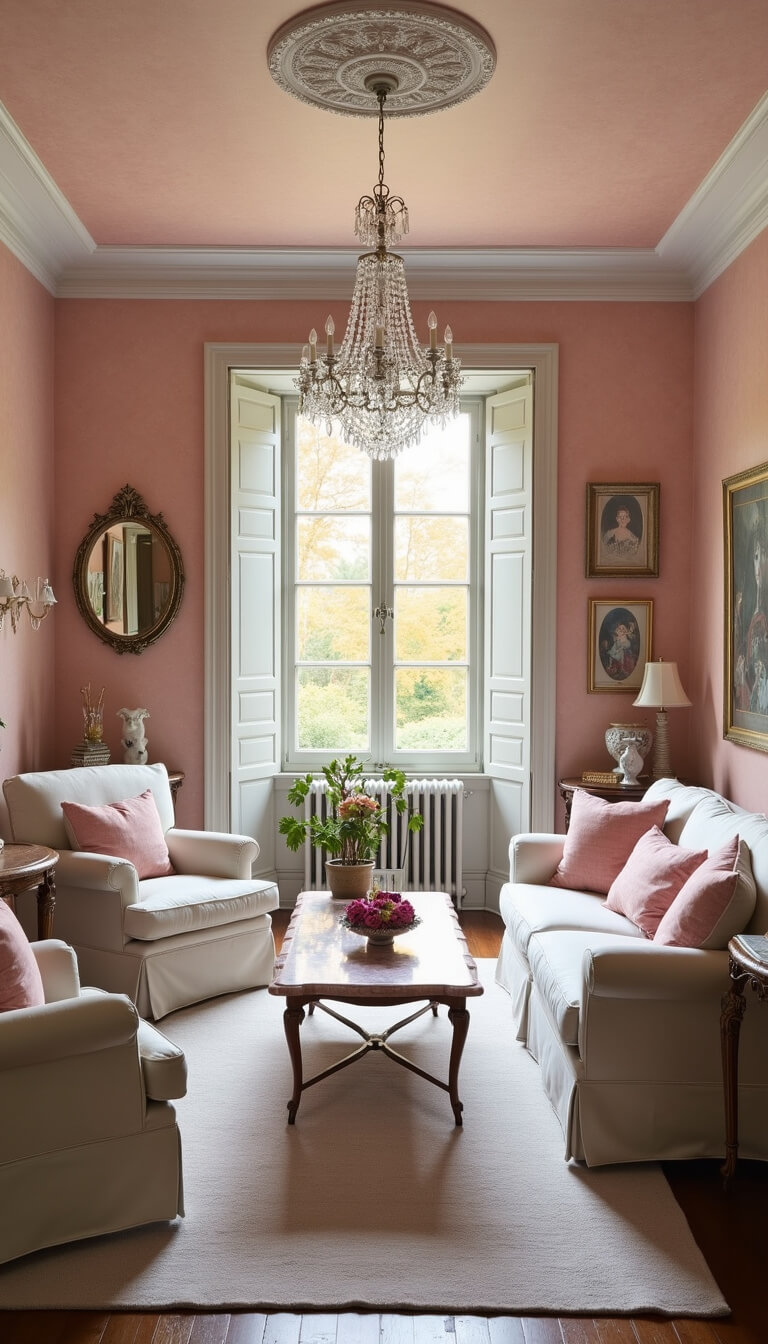 Elegant traditional living room with rose pink grasscloth walls, English roll arm sofa, pink marble coffee table, antique chandelier, and golden evening light filtering through shutters.