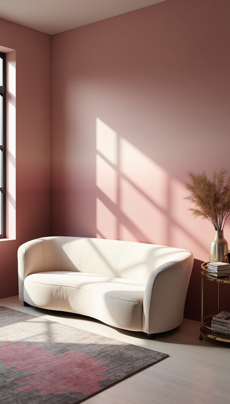 Contemporary 20x22ft room with ombré pink walls, cream bouclé curved sofa, pink-gray overdyed rug, dramatic afternoon shadows, mixed metallic accents, and Art Deco bar cart styling.