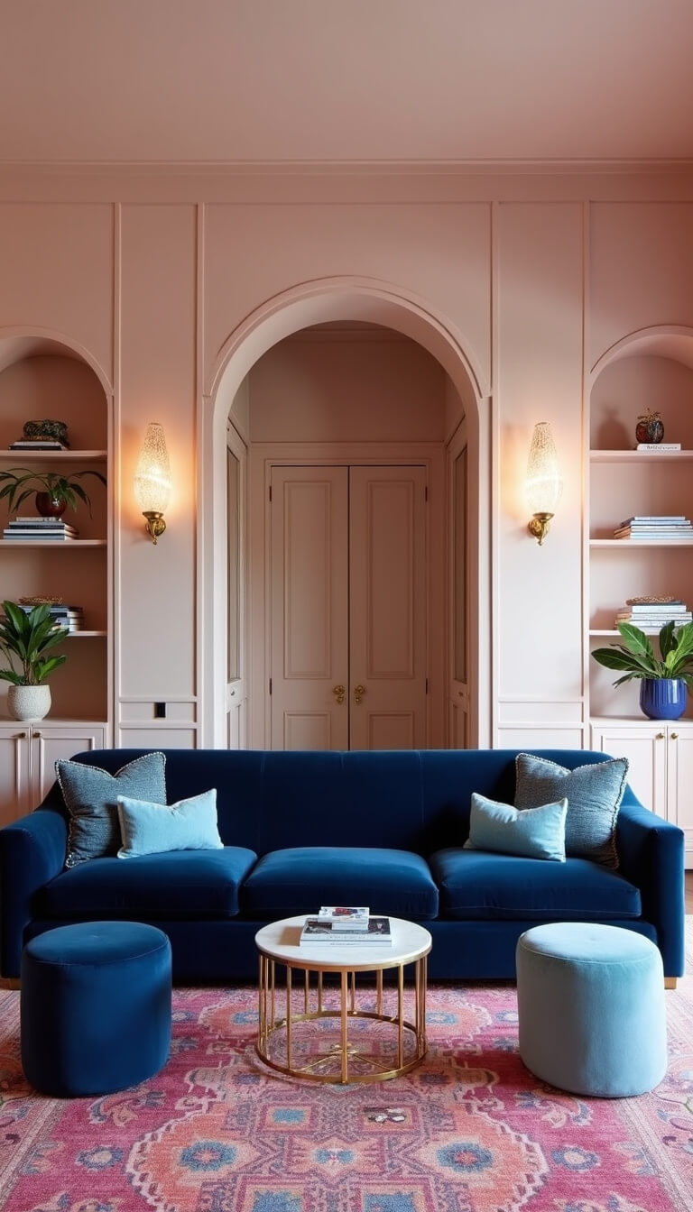 Luxurious 24x28ft room with pale pink Venetian plaster walls, navy velvet sectional, Moroccan silk rug in pink and gold, crystal sconces, brass étagères, styled in Palm Springs modern meets Hollywood regency decor.