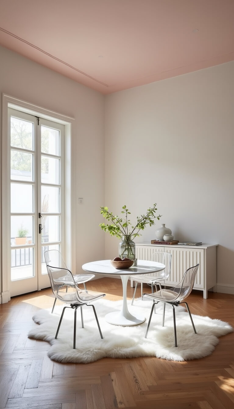 High-angle view of airy 19x23ft room with blush pink ceiling, white walls, marble tulip table surrounded by ghost chairs, sheepskin rugs on herringbone floors, and natural morning light streaming through French doors.