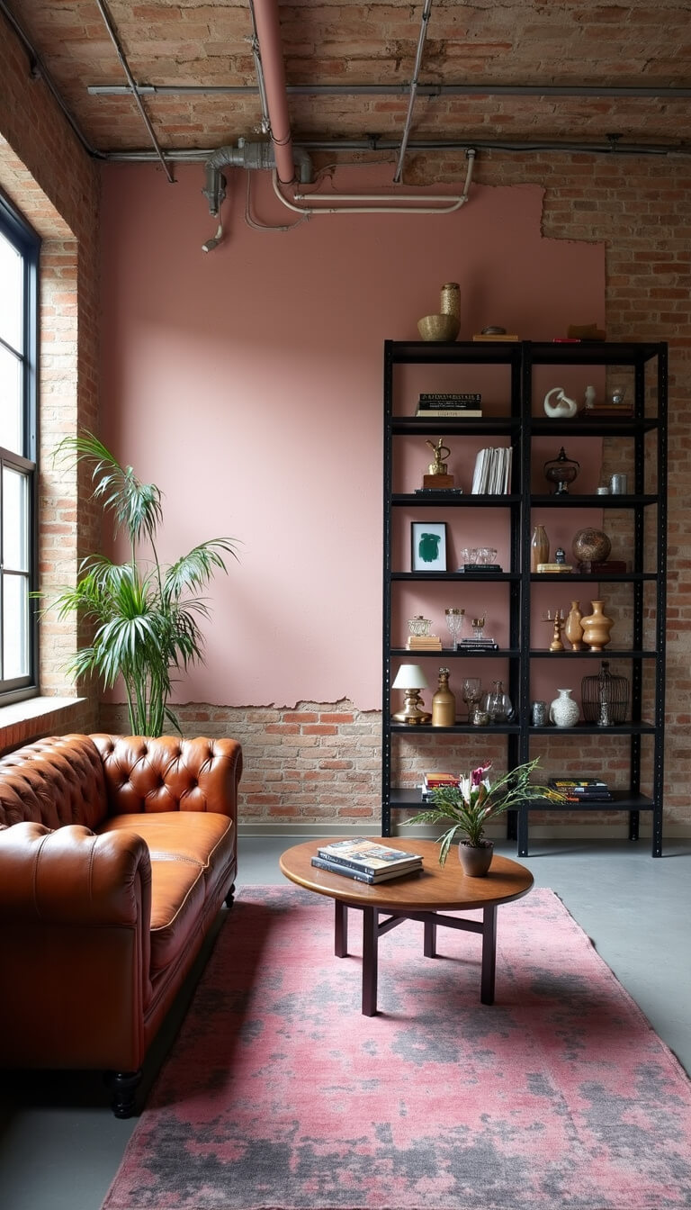 Wide-angle view of an industrial loft with soft pink exposed brick walls, cognac leather Chesterfield sofa, vintage pink and charcoal rug, steel windows with afternoon light, black steel shelving, and mixed metal lighting fixtures.