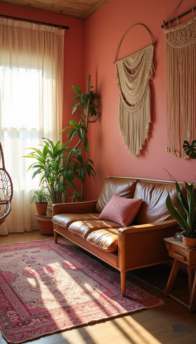 Bohemian 17x21ft room with coral pink accent wall, golden hour light through gauzy curtains, rattan hanging chair, vintage leather sofa, layered pink and cream Turkish rugs, macramé wall hangings, abundant plants, and eclectic global decor.
