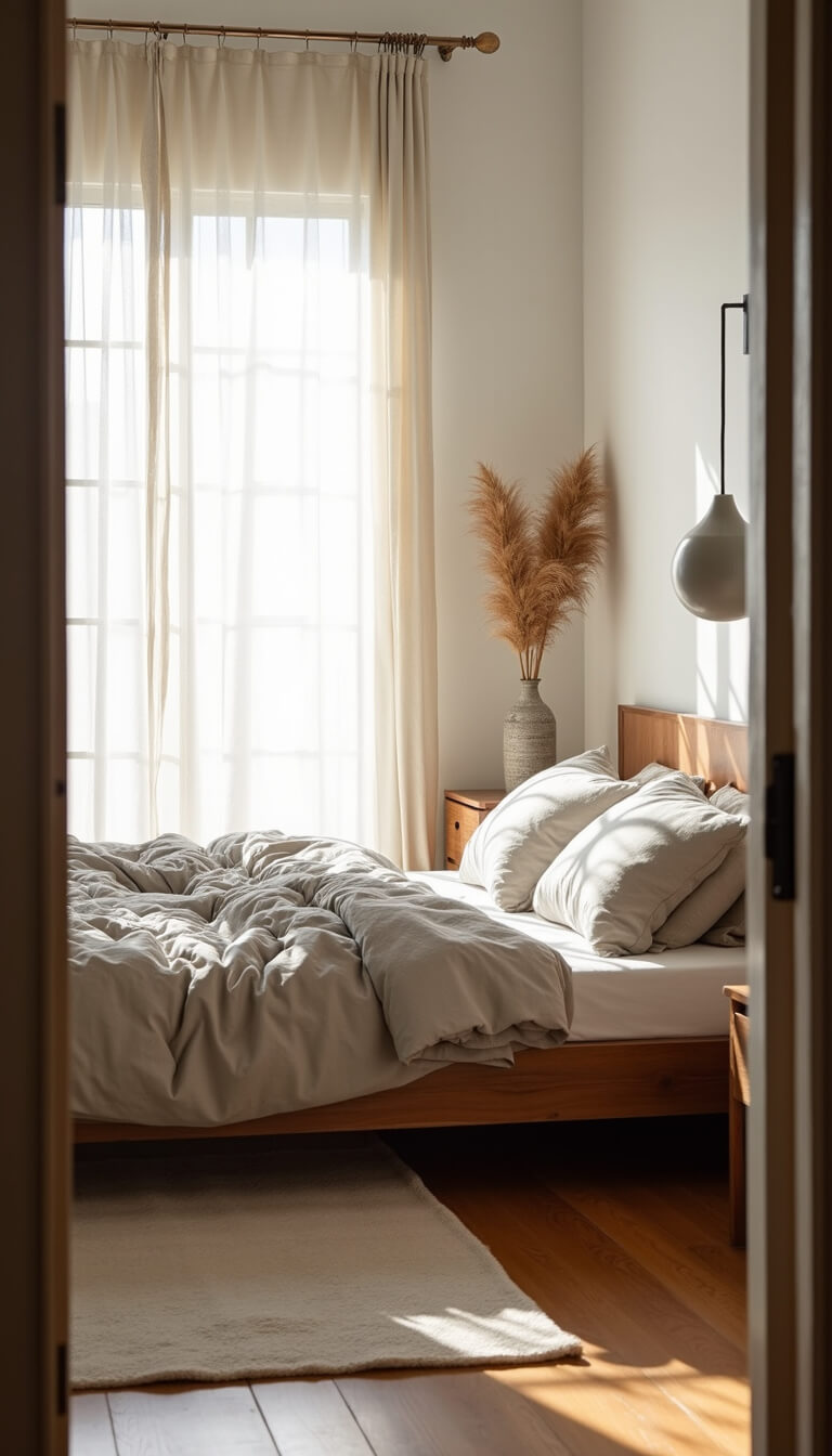 Minimalist bedroom with low walnut bed, stone-washed linen bedding, and soft morning light through sheer curtains.