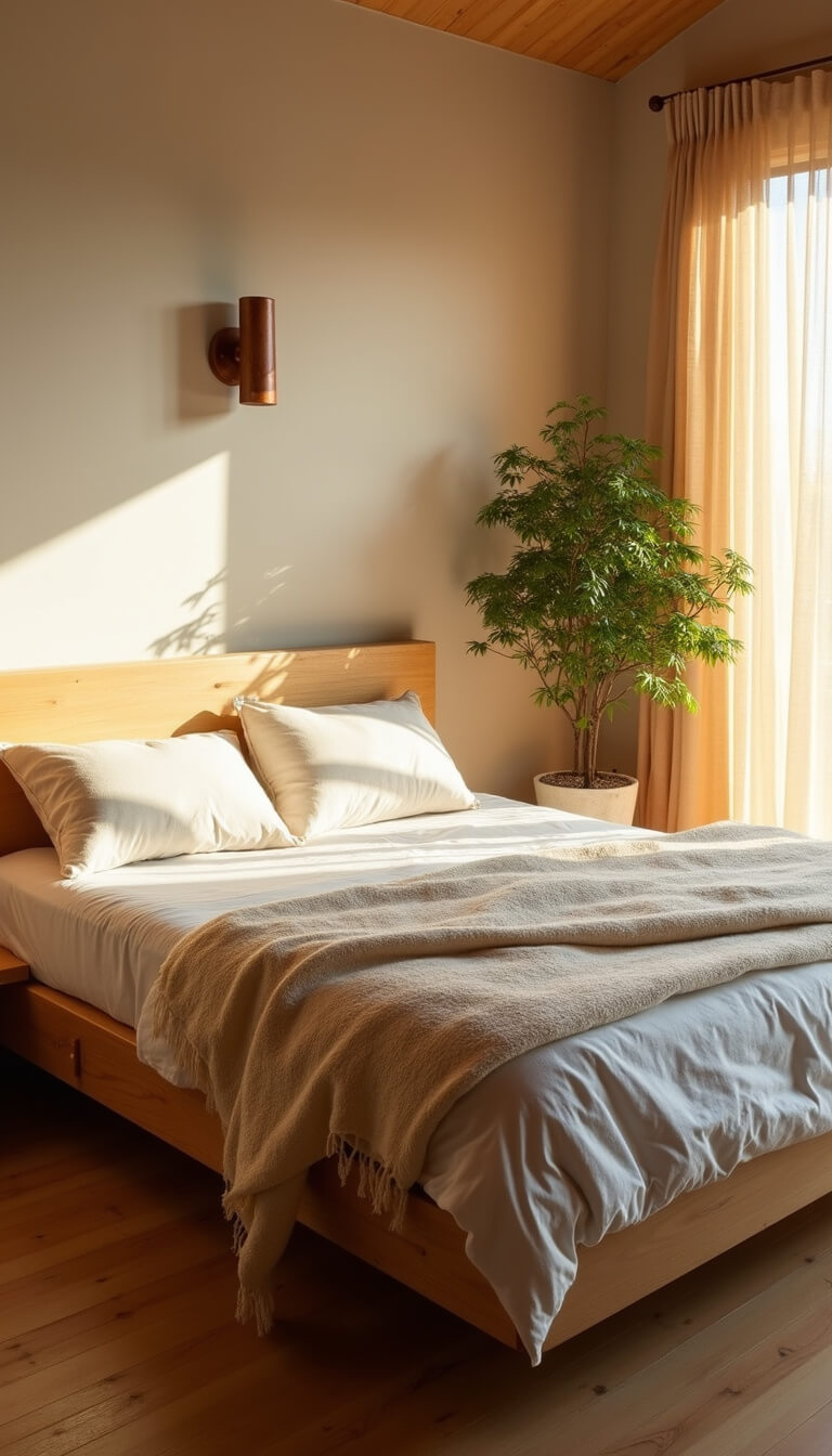 Minimalist 12x14ft bedroom at golden hour with floating distressed oak bed, ivory wool throw, bamboo-cotton sheets, oxidized copper sconce, Japanese maple, and rice paper screen backlighting.