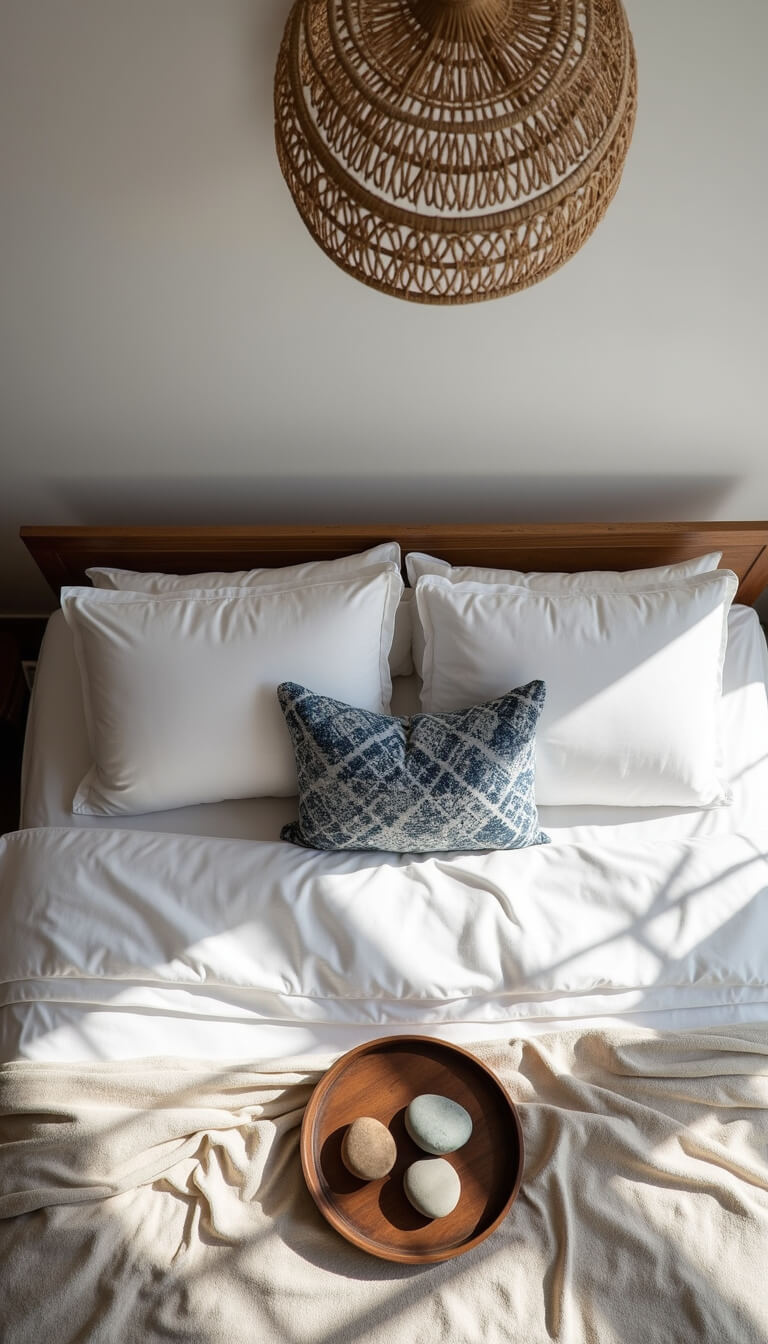 Overhead view of queen bed with white linen, indigo throw pillow, river stones on wooden tray, and rattan pendant casting shadows on pale plaster walls.