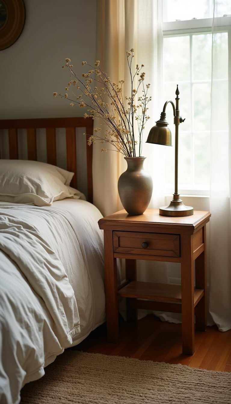Intimate bedside scene with ceramic vase of branches on aged oak table, jute rug, muslin curtains, and brass lamp softly lit with shallow depth of field.