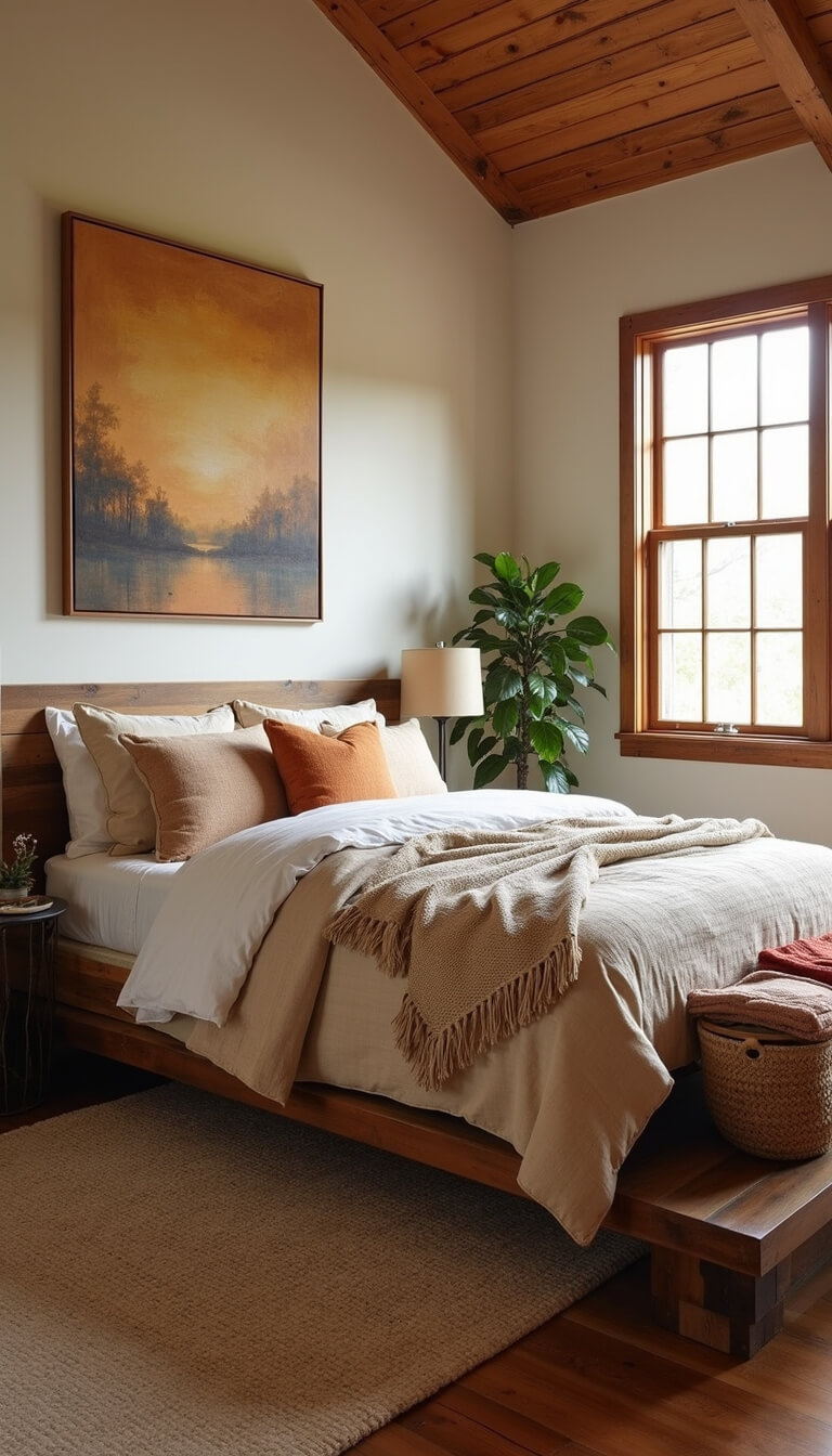Primary bedroom with dawn light through east-facing windows, reclaimed wood platform bed, earth-toned layered bedding, abstract landscape artwork, and handwoven quilt basket.