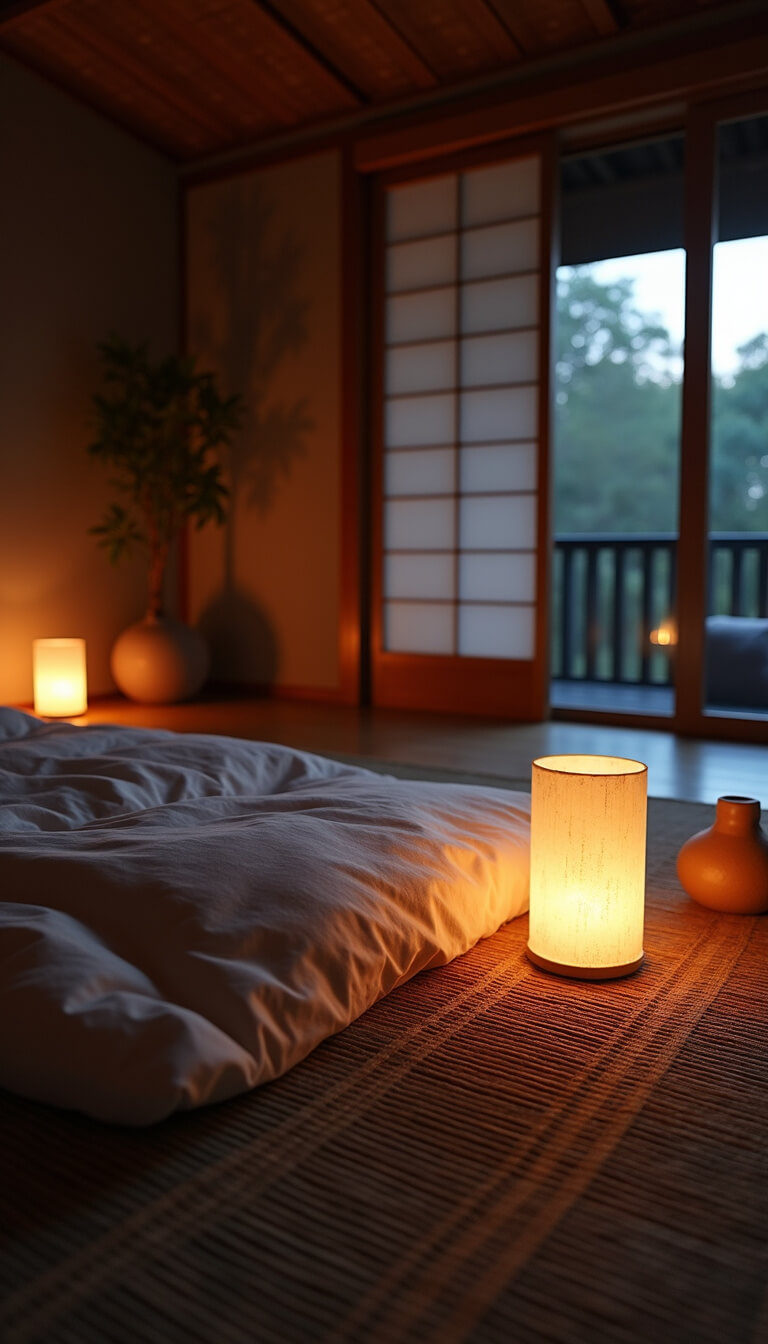 Minimalist meditation-themed bedroom at twilight with low futon on bamboo mat, silk floor cushions, glowing paper lantern, and shoji screens filtering soft natural light.