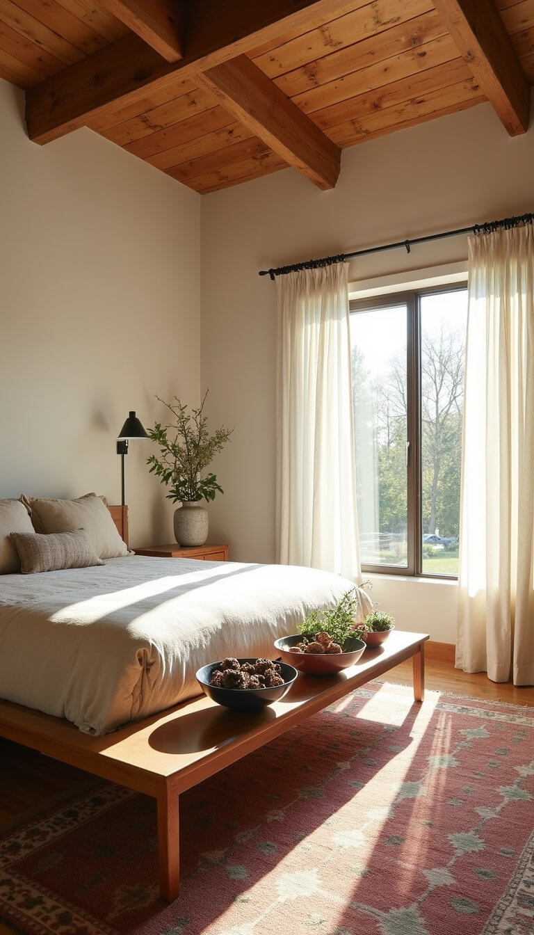 Zen bedroom with morning light through sheer curtains, exposed wood beam ceiling, platform bed in neutral linen, ceramic bowls with natural elements, and worn vintage kilim rug.