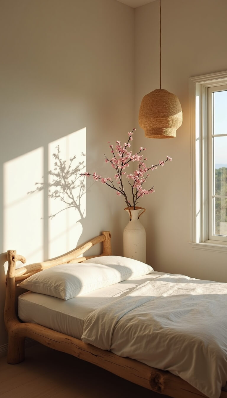 Minimalist 14x16ft retreat with driftwood bed, layered natural bedding, cherry blossom branch in ceramic vase, and woven seagrass pendant casting soft shadows.