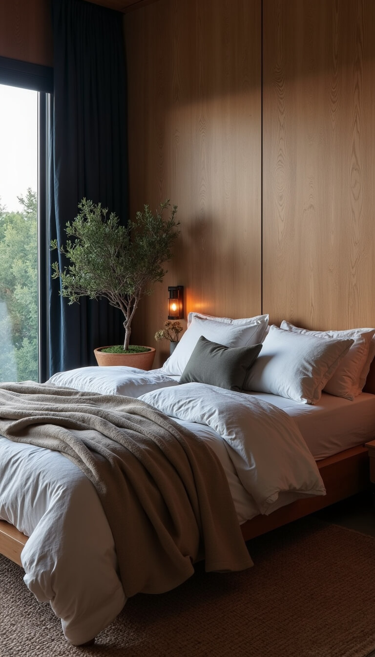 Moody bedroom corner with low maple bed, rumpled linen bedding, copper sconce, and potted olive tree in blue hour lighting.