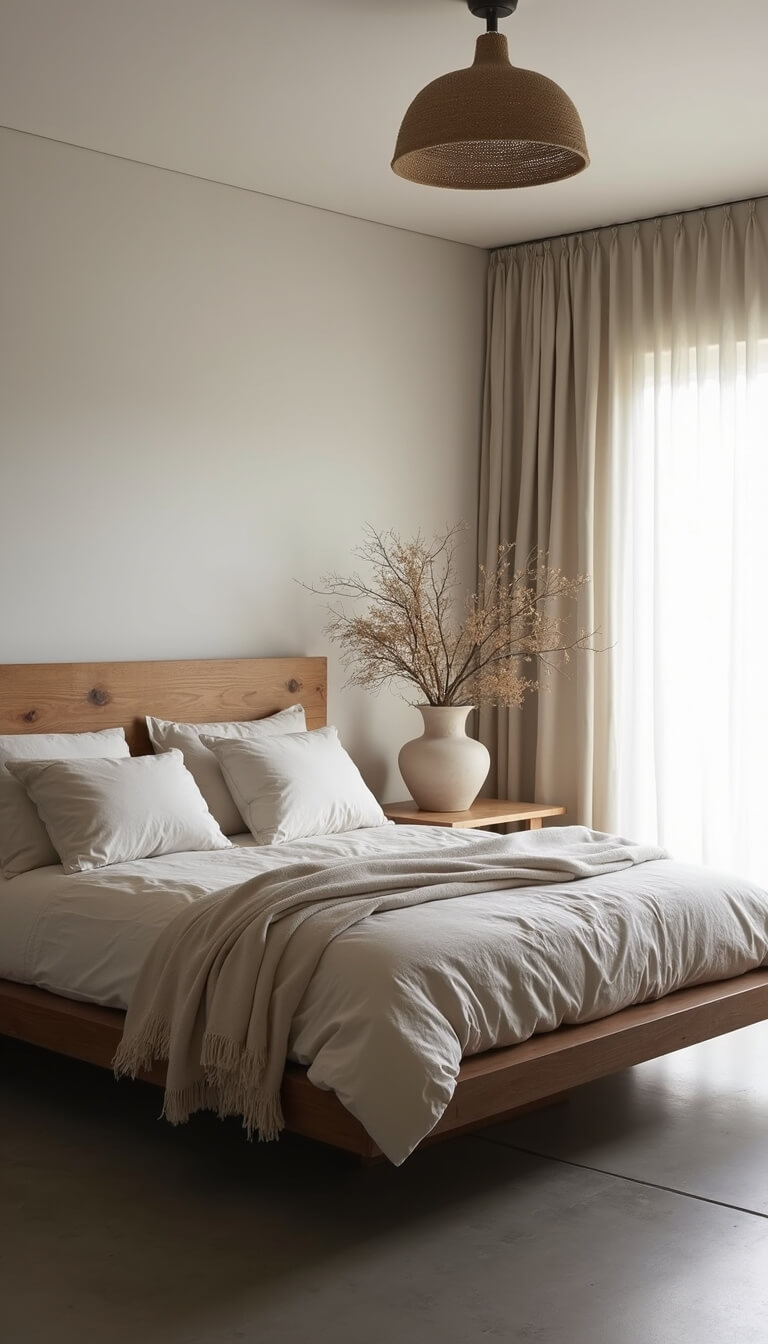 Serene bedroom with oak platform bed, layered neutral bedding, clay vase with dried botanicals, and rope pendant lit by morning light through sheer curtains.