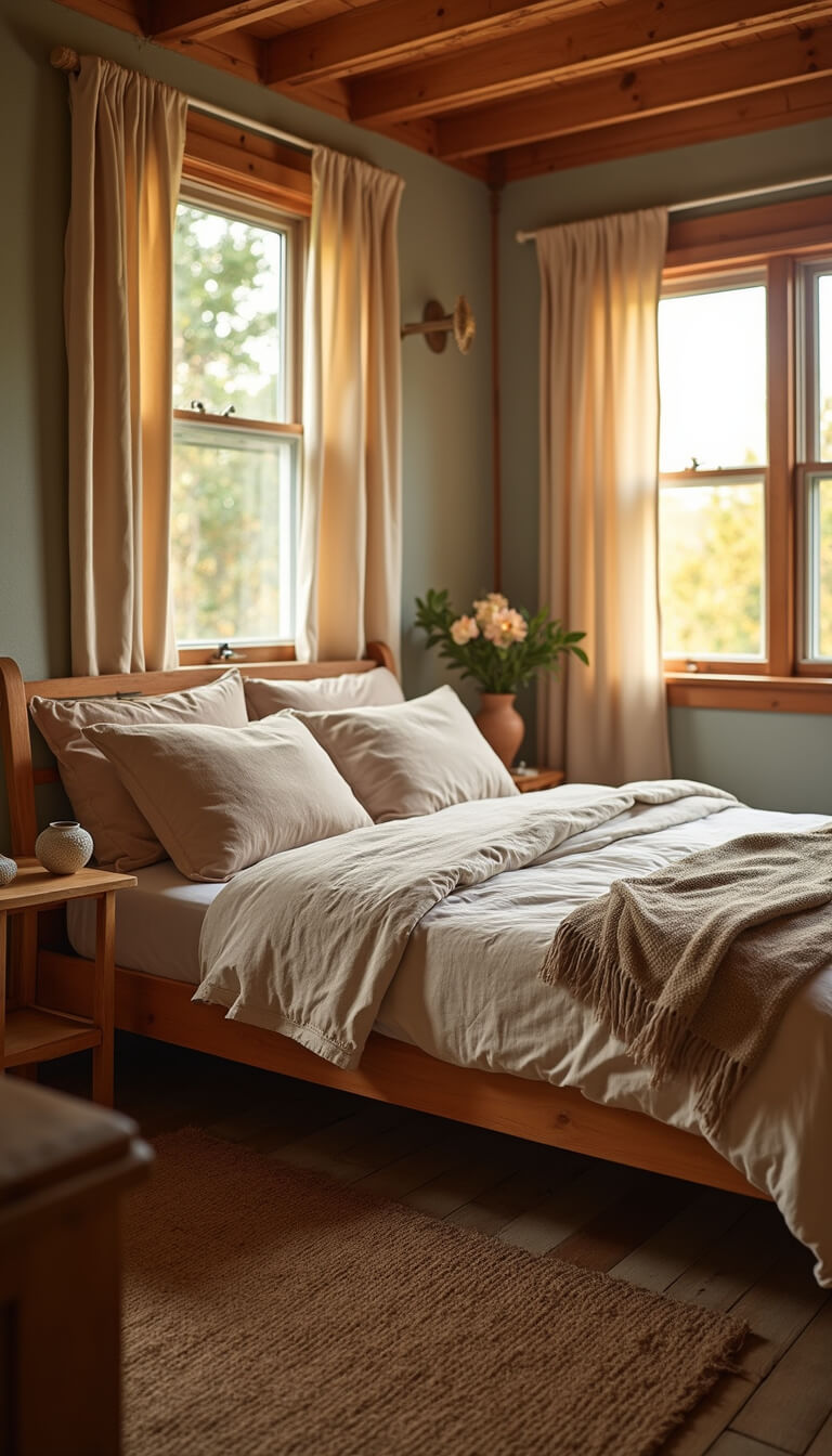 Cozy 12x14ft guest room at sunset with antique pine bed, layered linen bedding in neutral tones, hand-thrown pottery, and jute rug in warm golden hour light.