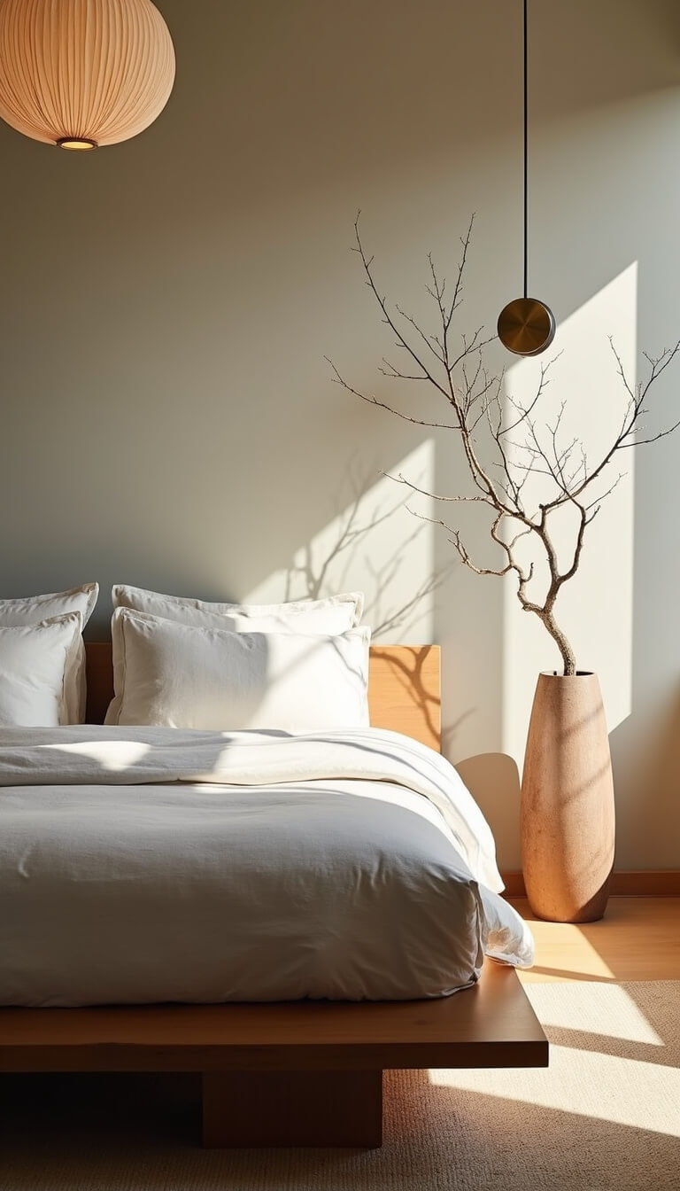 Dawn-lit primary suite with reclaimed teak platform bed, soft cloud-like bedding, vintage brass sconce, rice paper pendant, and oversized branch in ceramic vessel.