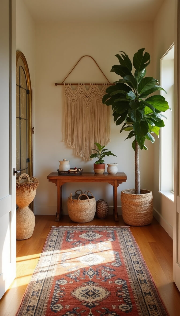 Sunlit entryway with teak console, arched brass mirror, vintage Persian runners, macramé wall hanging, fiddle leaf fig, and woven baskets, captured at golden hour.