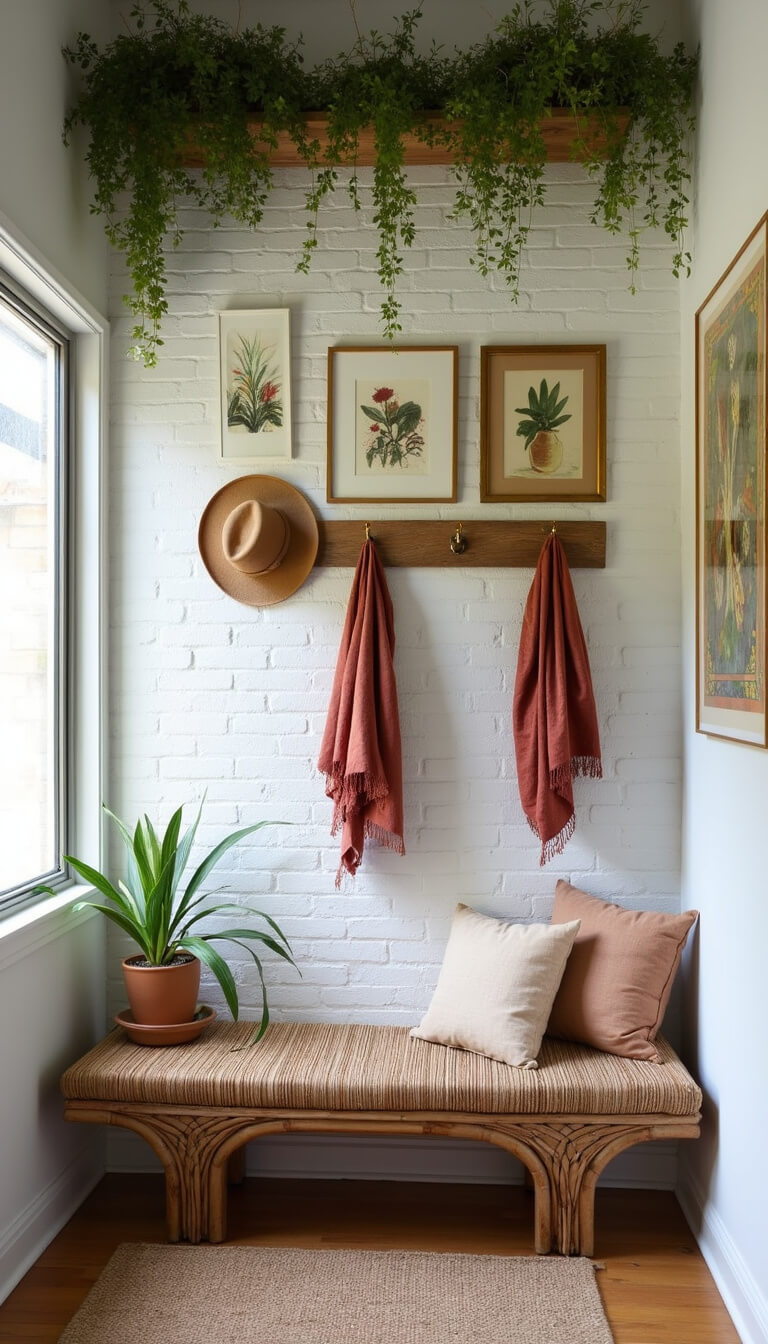 Boho-style entry nook with whitewashed brick walls, rattan bench with mudcloth cushions, jute runner, brass coat hooks holding hats and scarves, gallery wall art, and hanging plants.
