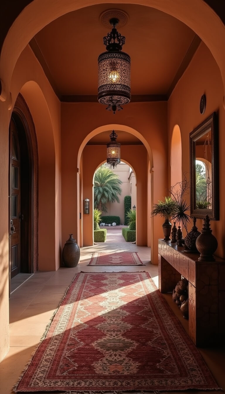 Dramatic dusk entry corridor with Moroccan pendant casting shadows on terra cotta walls, tribal rugs, carved console with artifacts, and archways reflected in oversized mirror.