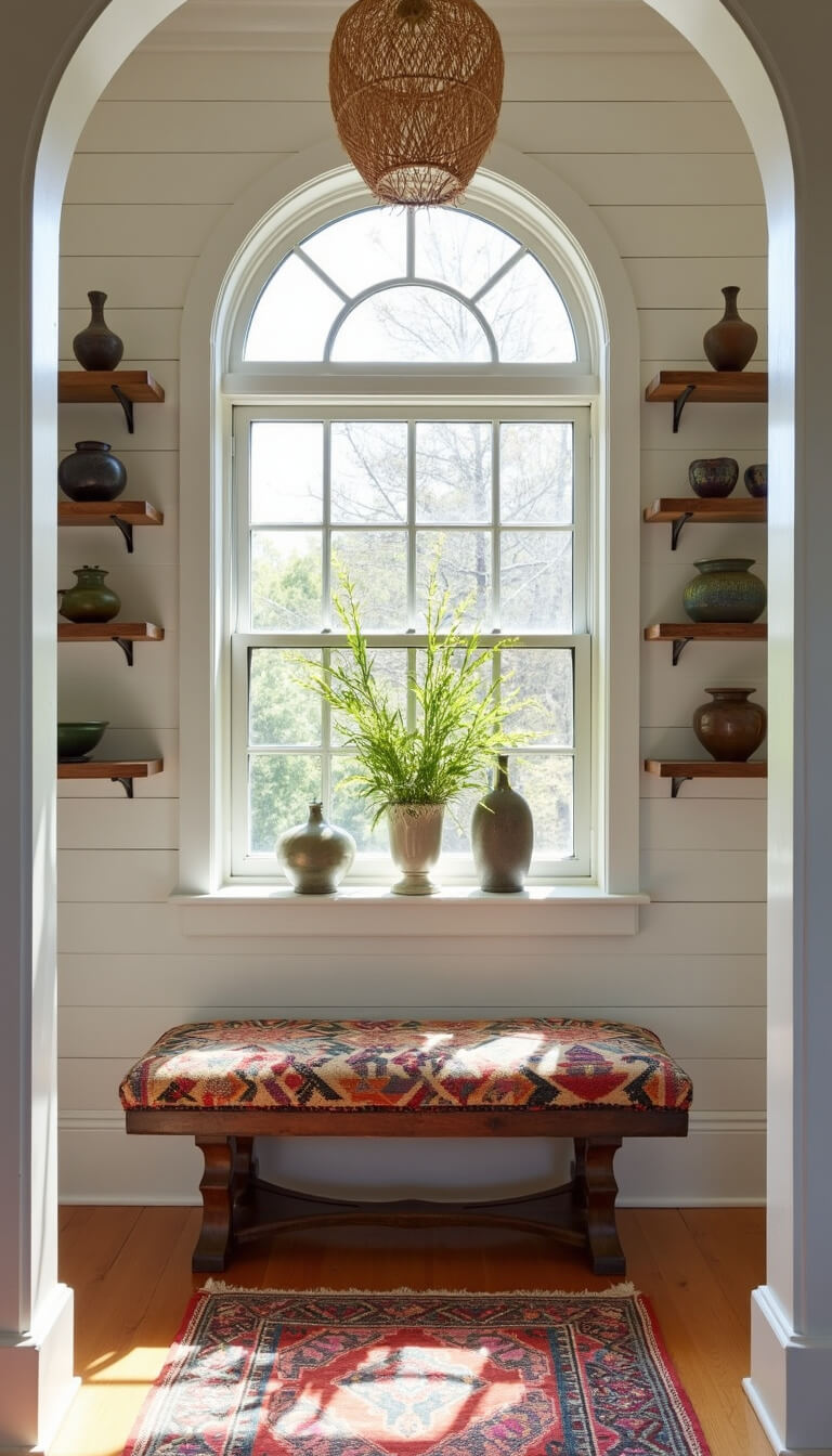 Bright morning light through stained glass transom illuminates entry with vintage kilim bench, pottery on floating shelves, trailing plants, and natural fiber pendant light.