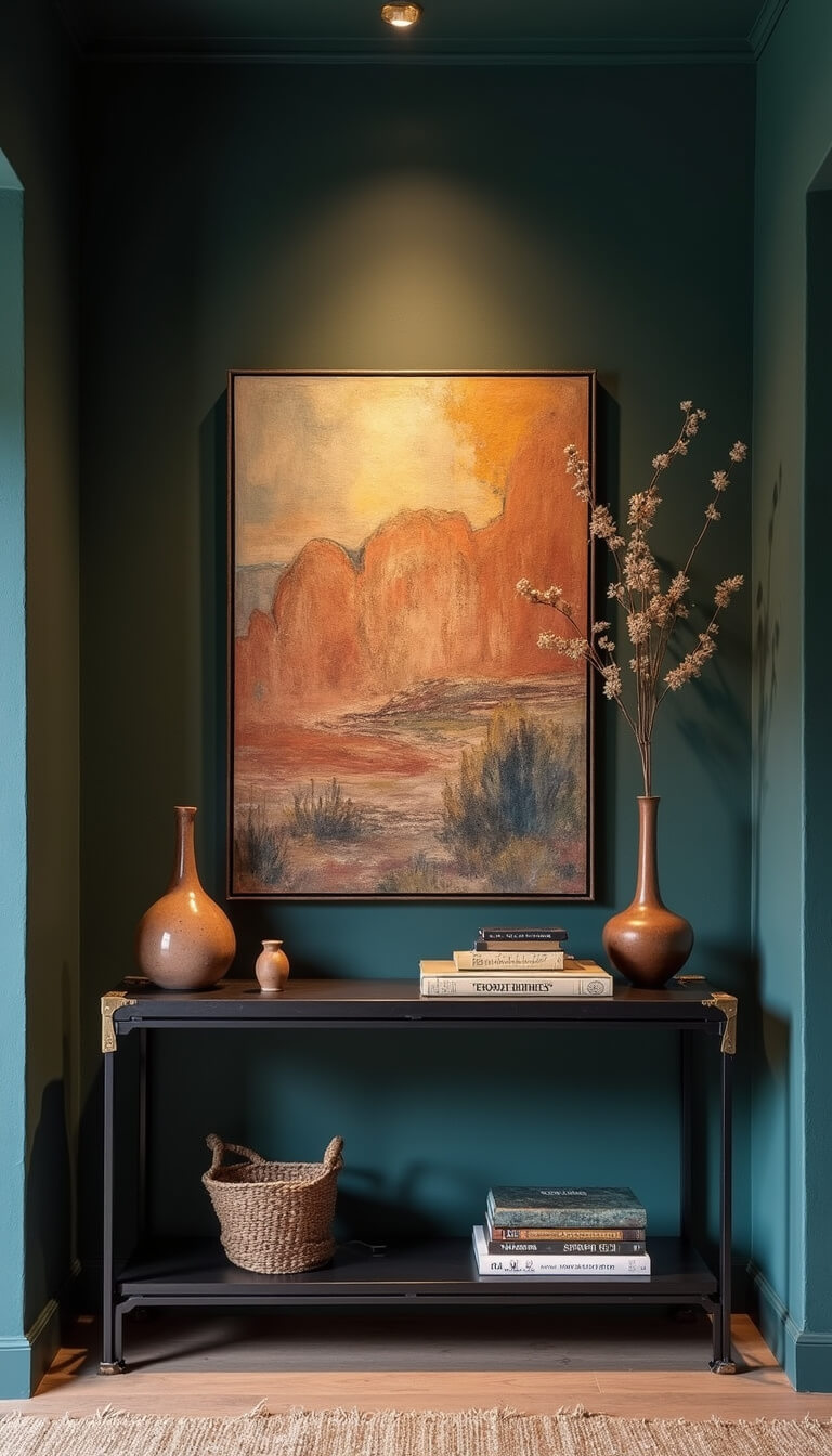 Modern boho entry alcove with black steel console, abstract desert artwork, metallic wall tapestry, and moody twilight lighting.