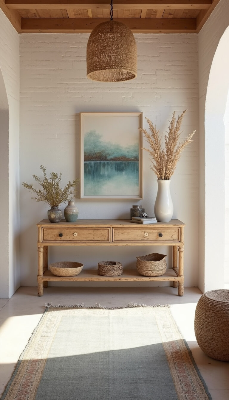 Coastal boho entryway with whitewashed brick walls, limestone floor, distressed bamboo console with shells, and a natural fiber pendant.