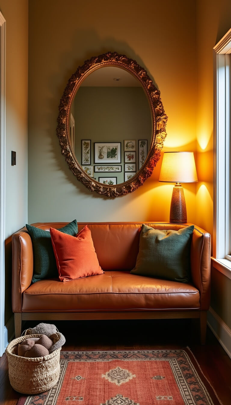 Autumn-themed entryway with cognac leather bench, botanical gallery wall, vintage kilim runner, brass mirror, and woven baskets, lit by warm sunset light.