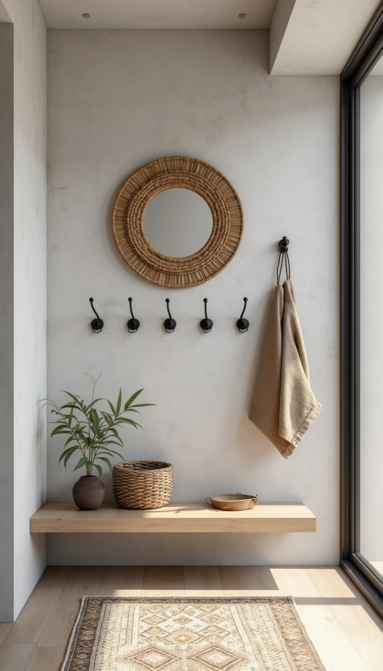 Modern boho entryway with bleached oak floating console, round rattan mirror, black coat hooks, and geometric earth-tone runner on concrete wall.