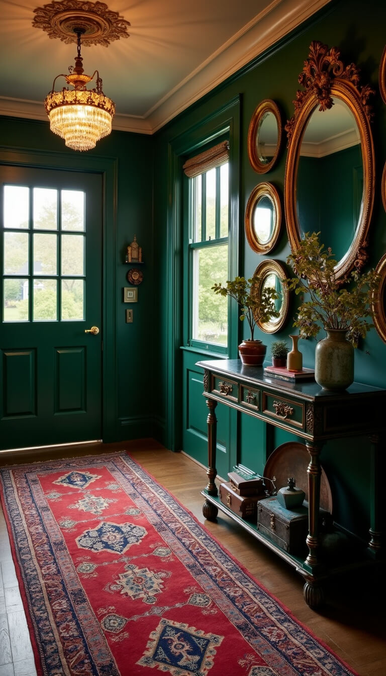 Victorian entry hall with emerald green antique console, vintage brass mirrors, jewel-toned Persian runner, and crystal pendant light at dusk.