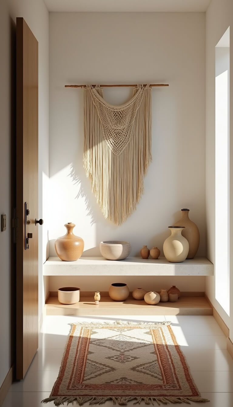 Boho-style 9x11ft entrance with floating concrete shelf, handmade ceramics, large macramé wall art, vintage Moroccan runner, and bright natural lighting.