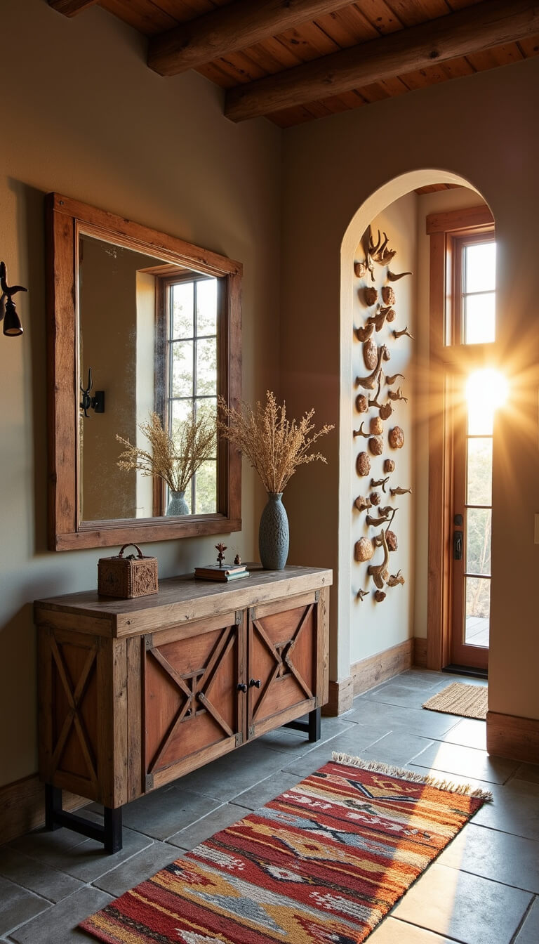 Rustic mountain boho entryway with reclaimed wood console, leather mirror, layered Navajo rugs, and antler-ceramic wall art bathed in golden hour light.