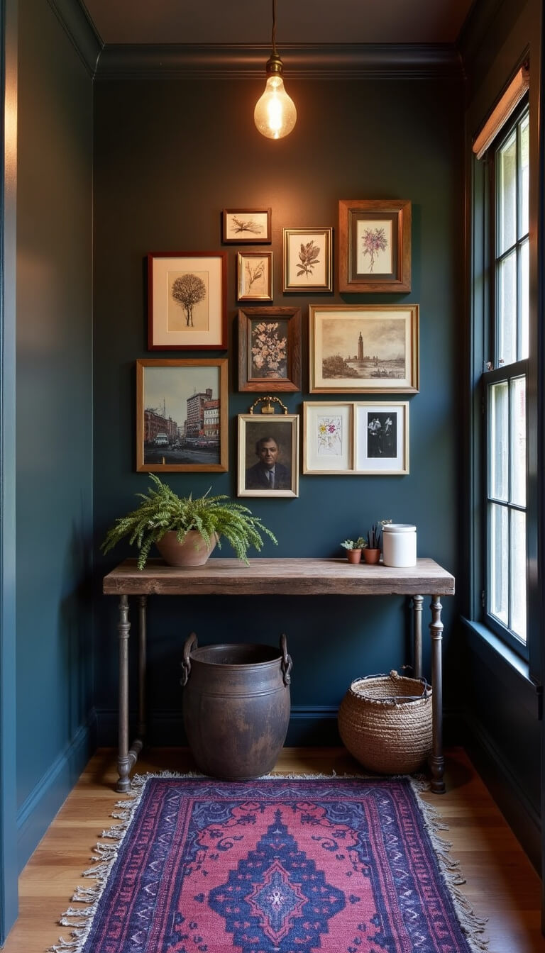 Cozy urban boho entry nook with industrial pipe console, vintage and modern art gallery wall, deep purple Turkish runner, and moody twilight lighting.