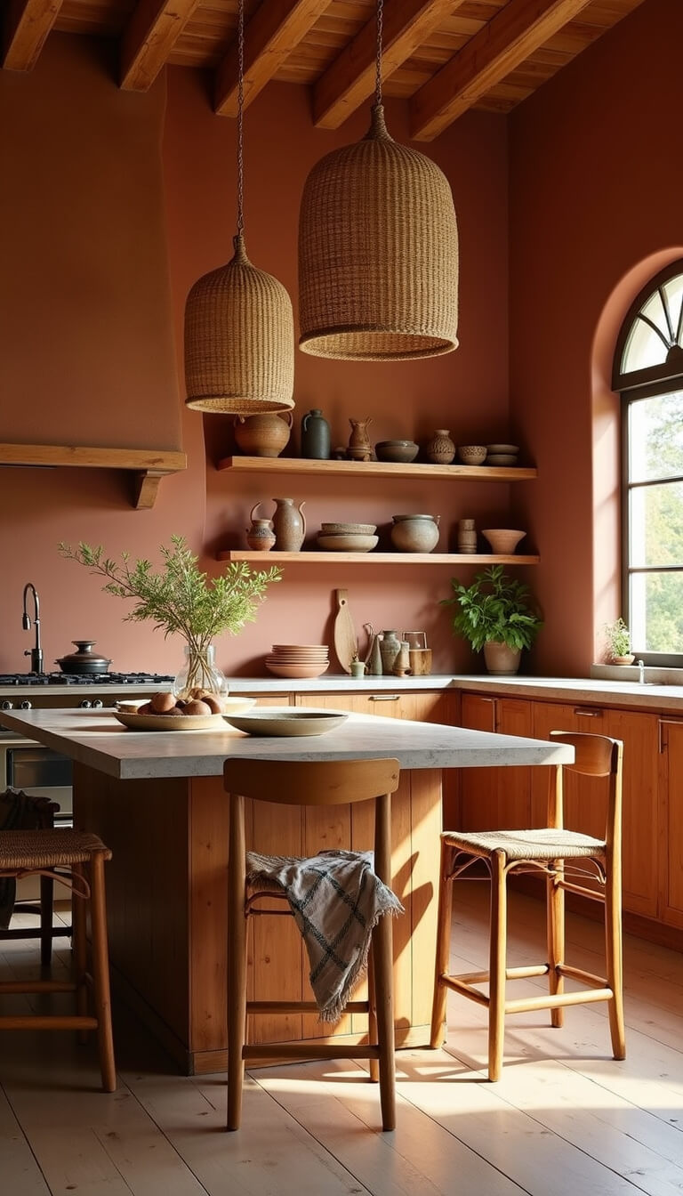 Sunlit terracotta kitchen with white oak floors, rustic island, rattan pendants, African pottery on open shelves, and mud cloth-draped stools, viewed from low angle at golden hour.